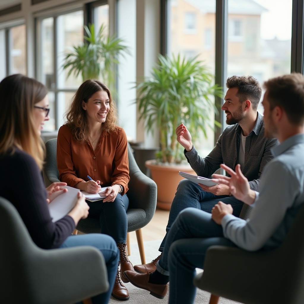 Grup de persoane în workshop de psihologie financiară, discuție deschisă
