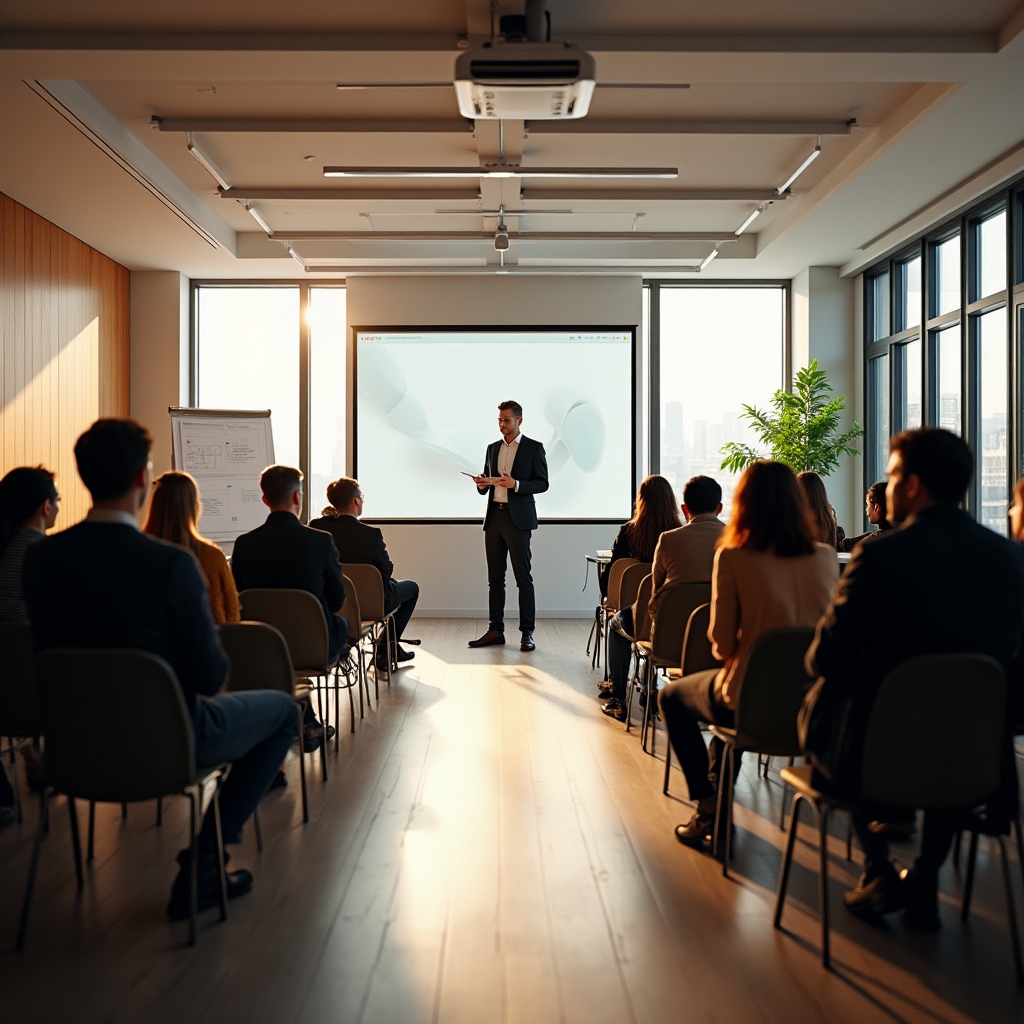 Sală de workshop cu participanți angajați în discuții despre psihologie financiară